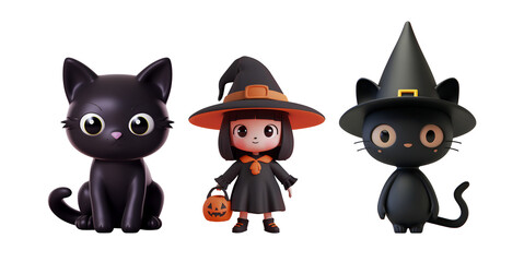 Funny and Cute 3D Cartoon Illustration of Witch and Black Cat for Kids&rsquo; Halloween Party, Isolated on Transparent Background, PNG