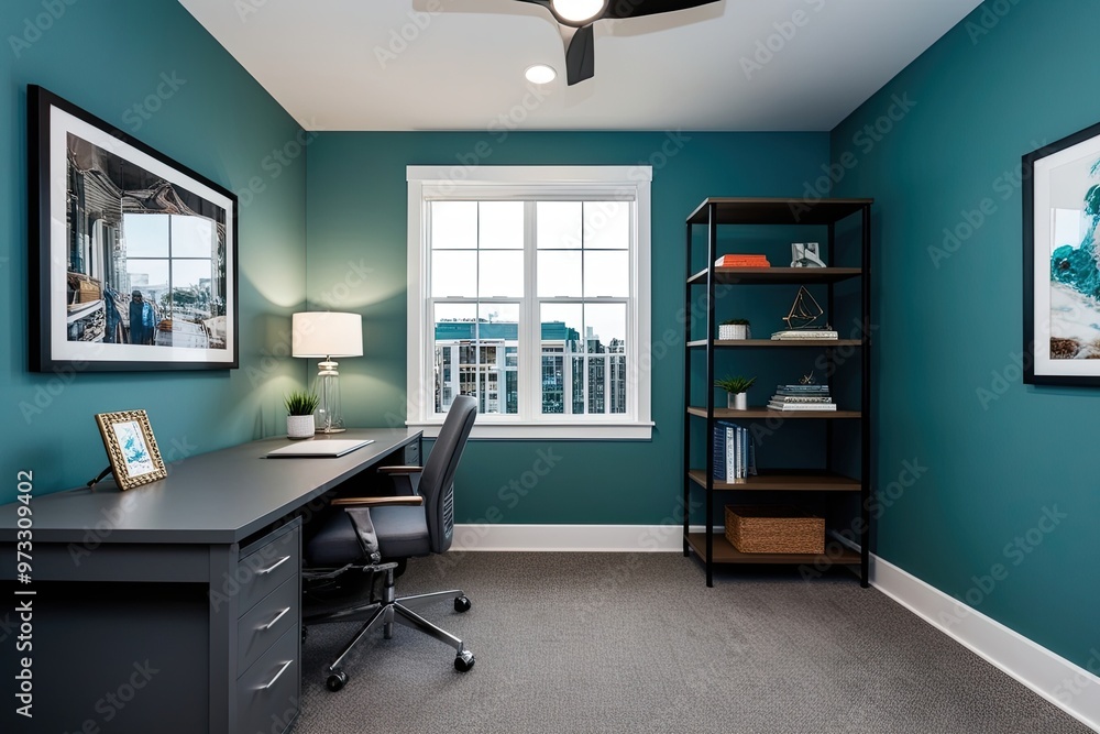 Wall mural stylish study room with contemporary grey workspace and soft teal wall design