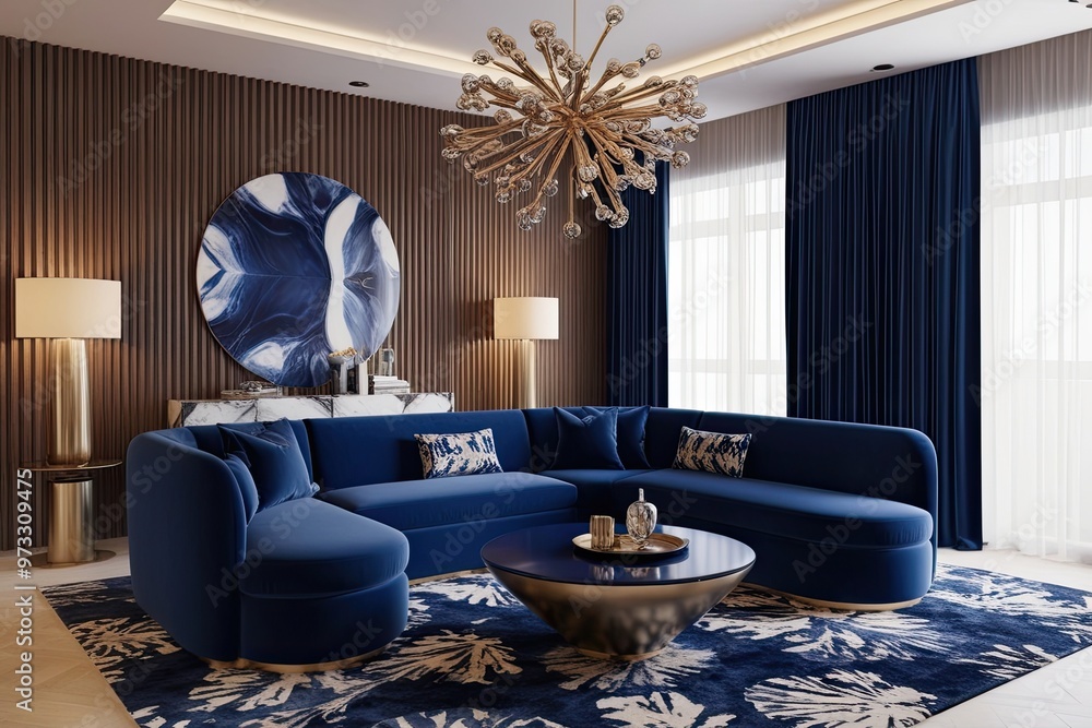 Wall mural captivating navy blue sofa in a distinctive living room with impressive interior design 3d visualiza