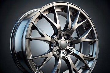 Obraz premium Close-up of a sleek, modern wheel with intricately designed spokes and metallic hubcaps, evoking speed, innovation, and