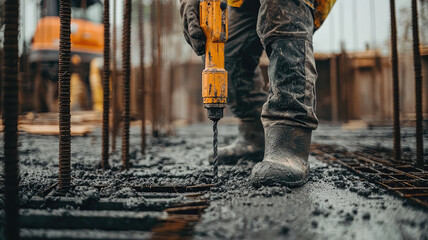 Construction worker drilling into concrete at construction site, focused and determined
