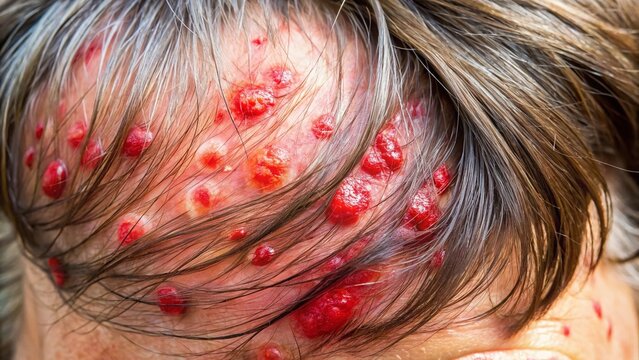 Close-up of inflamed, red, and pus-filled skin lesions on the scalp, with surrounding skin appearing dry, flaky, and irritated, evoking a sense of discomfort and pain.