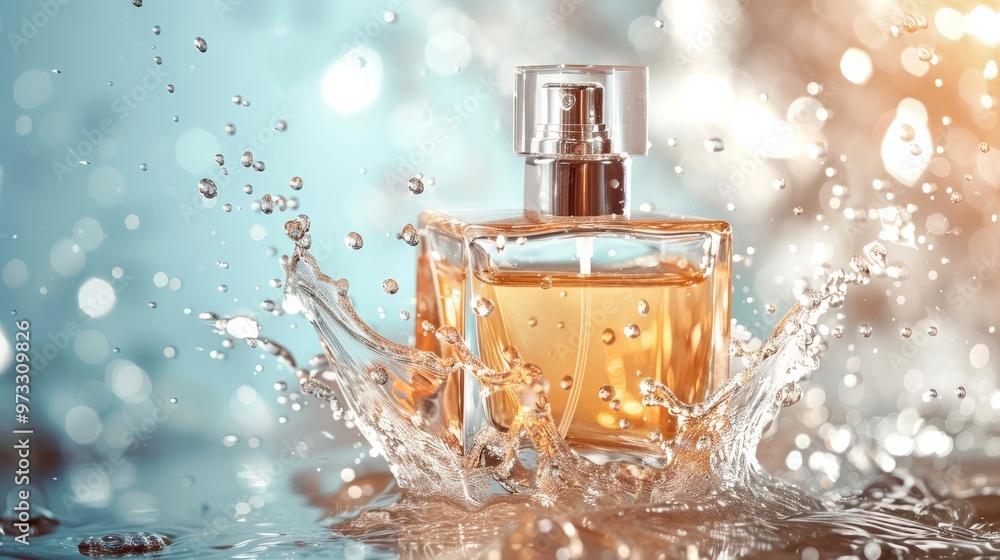 Poster transparent perfume bottle with water splash on bright background close-up photo with clean backgrou