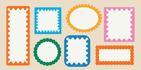 Color squiggle frames set. Zigzag wavy edges, retro squiggle frames, psychedelic rectangles, photo frames, text boxes, tags, labels. Vector groovy shapes set of wave borders. 