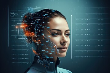A woman’s serene face is overlaid with futuristic circuitry and data, illustrating a seamless blend of humanity and technology against a sleek backdrop.