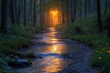 Obraz premium A serene brook winding through a forest