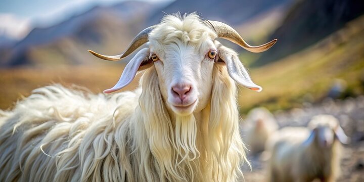 luxurious, Himalayas, goat, wool, valuable, hairy, breed, pashmina, domesticated, White kashmir pashmina goat with lustrous and soft wool originating from an Indian highland farm in Ladakh