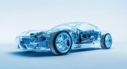 An electric car's transparent body with a visible engine and battery, showcasing the internal structure of an eco-friendly vehicle.