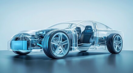 An electric car's transparent body with a visible engine and battery, showcasing the internal structure of an eco-friendly vehicle.