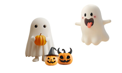 Fototapeta premium 3D Ghost and Pumpkin Character: Cute, Funny Cartoon Illustration for a Kids’ Halloween Party, Isolated on Transparent Background, PNG