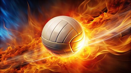 A volleyball ball is depicted flying at a high speed through a fiery backdrop creating a dramatic...