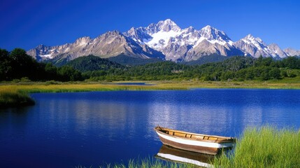 Obraz premium A small, white and brown wooden boat floats quietly on a mirror-like lake, with snow-capped mountains rising majestically in the background under a vibrant blue sky