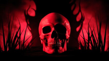 Skull illuminated by intense red light against a dark, smoky background. Dramatic shadows highlight its details, with silhouettes of sharp blades of grass adding to the ominous atmosphere.