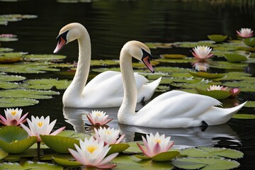 Swans in Blooming Water Lilies Serene Nature Scene for Wildlife Home Decor
