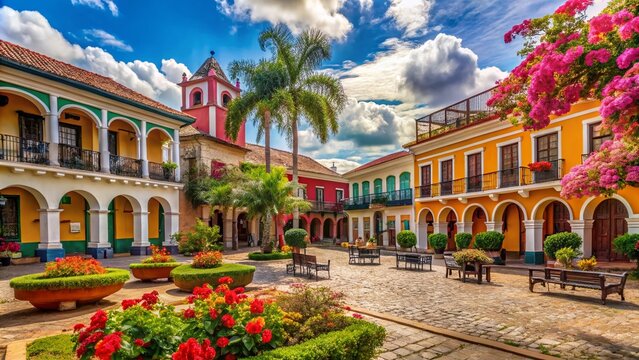 Colorful colonial-era architecture lines the cobblestone streets of Bolivar, Venezuela, with vibrant flowers and lush greenery amidst historic buildings and picturesque plazas.