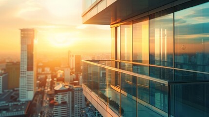 Fototapeta premium Trendy high-rise building with stylish glass balcony panels, overlooking a vibrant urban landscape. Close-up photo with clean background