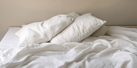 Cozy unmade bed with scattered pillows and blanket. Light neutral colors, blank wall background. Atmosphere of coziness and relaxation