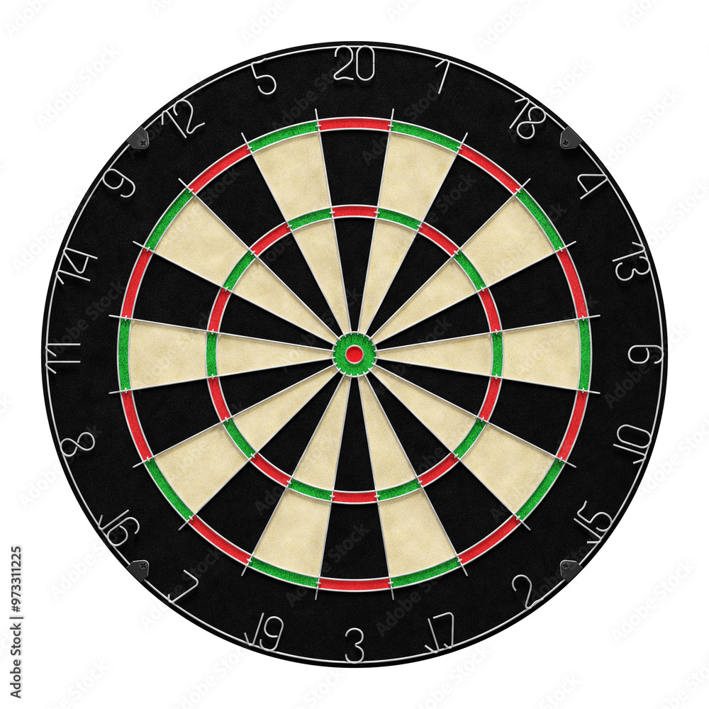 Fototapete A Dartboard of the Darts Game. A dartboard made with the classic appearance isolated on a transparent background. 3D rendering graphics on the theme of Sports and Leisure Games.