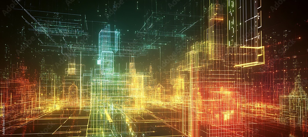 Aufkleber cyber cityscape: illuminated pathways and smart architecture in a digital world