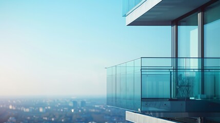 Trendy high-rise building with stylish glass balcony panels, overlooking a vibrant urban landscape. Close-up photo with clean background