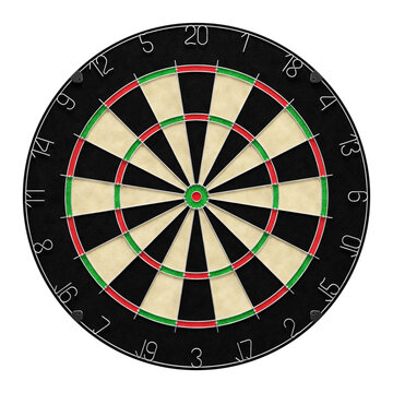 A Dartboard of the Darts Game. A dartboard made with the classic appearance isolated on a transparent background. 3D rendering graphics on the theme of Sports and Leisure Games.