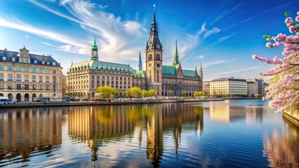 Obraz premium urban, cityscape,Hamburg, landmark, Germany, European, panoramic, spring, water, travel, historic, scenic, wide-angle, Hamburg townhall and Alster river at spring Wide Angle