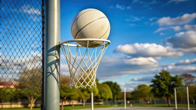 A medium shot of a netball post with a ball about to go through the net, game, leisure, score, athleticism, fitness, activity, shot,netball, competition, play, equipment, victory, ball, goal