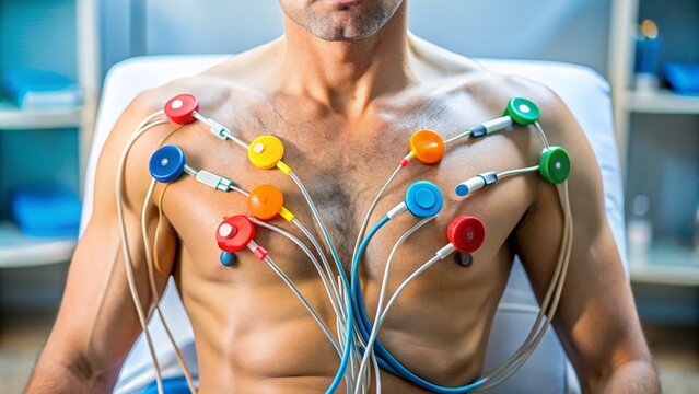 Colorful EKG electrodes attached to chest, arms, and legs, demonstrating correct lead placement for an
