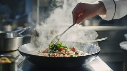 A gourmet dish being expertly prepared in a high-end restaurant kitchen, highlighting culinary art and professionalism.