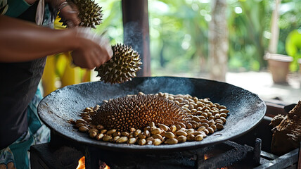 Fototapeta premium Roasting durian seeds in traditional setting creates unique culinary experience