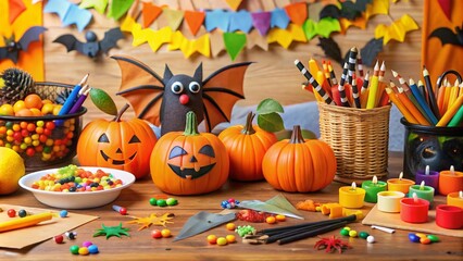 Fototapeta premium Colorful Halloween arts and crafts station with paper bats, spiders, and pumpkins, surrounded by candy, stickers, and creative supplies for kids to enjoy.