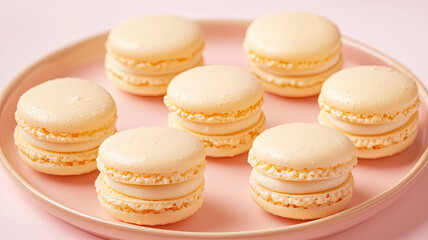 Delicious durian flavored macarons arranged neatly on pastel plate