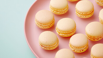 Obraz premium Delicious macarons arranged neatly on pastel pink plate, showcasing their delicate texture