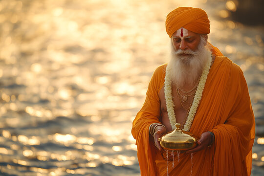 An Indian pandit performs a Pitru Paksha ritual, pouring water from a vessel into the river.