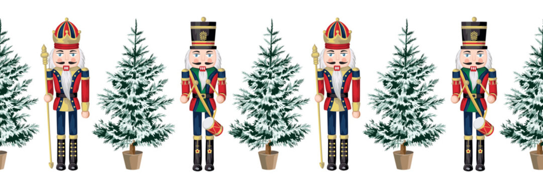 Nutcracker and Christmas tree seamless border. Merry Christmas, New Year wallpaper.	
