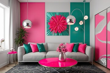 Bright Candy Pink and Jade Contemporary Art with Playful Silver Accents