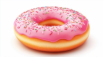 Delicious pink frosted donut with colorful sprinkles on white background with copy space