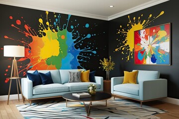 Vibrant Abstract Interior Painting Featuring Colorful Splashes and Graphic Elements