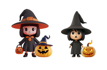 Pumpkin and Witch 3D Character: Cute, Funny Cartoon Illustration for Kids’ Halloween Party, Isolated on Transparent Background, PNG