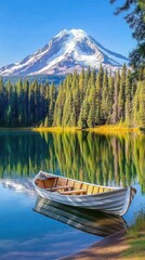 Obraz premium A white rowboat sits gently on a pristine lake, surrounded by towering snowcapped mountains and evergreen trees, creating a peaceful and scenic retreat