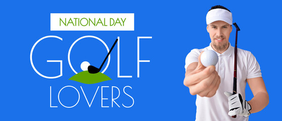 Handsome male golfer with ball on color background