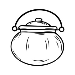 Halloween potion cauldron illustration in line art style. Graphic monochrome drawing. Hand drawn outline sketch, engraved doodle illustration. For coloring, invitation, decoration.