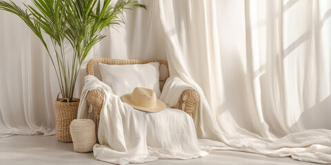 Rattan furniture with plants and White linen pillows, hat on chair, minimalist Scandinavian interior design style, lifestyle