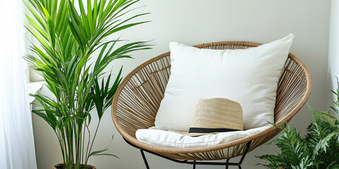Rattan furniture with plants and White linen pillows, hat on chair, minimalist Scandinavian interior design style, lifestyle