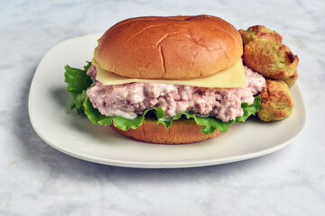 spam salad  sandwich  with broccoli tots