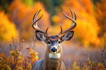 Fototapeta premium A close up photograph capturing the majestic Buck Whitetail Deer in the Colorado wilderness during the rutting season of autumn, majestic, Buck, close-up, wilderness, rut, autumn