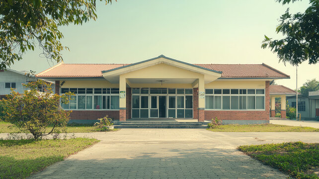A rural hospital building with welcoming entrance and green surroundings