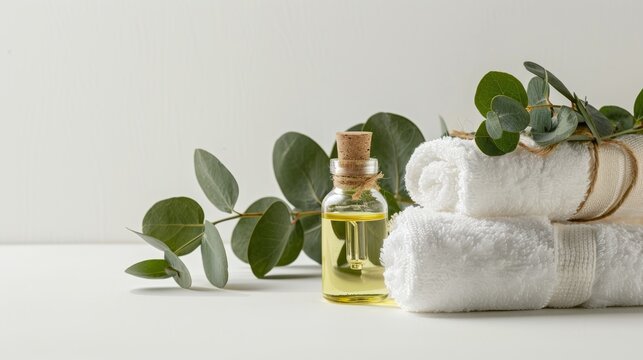 White towel and eucalyptus oil in a spa setting on white background Close-up photo with clean background