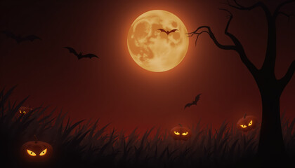 Halloween Night Atmosphere with Full Moon, Glowing Jack-o'-Lanterns, and Bats. Perfect for Spooky Design, Greeting Cards, Illustrations.