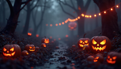 Halloween Forest Path, Glowing Jack-o'-Lanterns, Mystical Atmosphere, Holiday Decor, Spooky Night